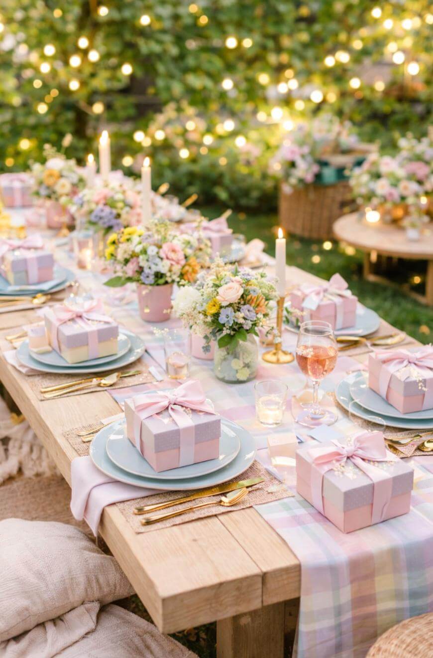 A garden table set for a celebration with pastel gift boxes, floral arrangements, candles, and elegant tableware. String lights and blurred greenery create a warm, festive outdoor atmosphere.