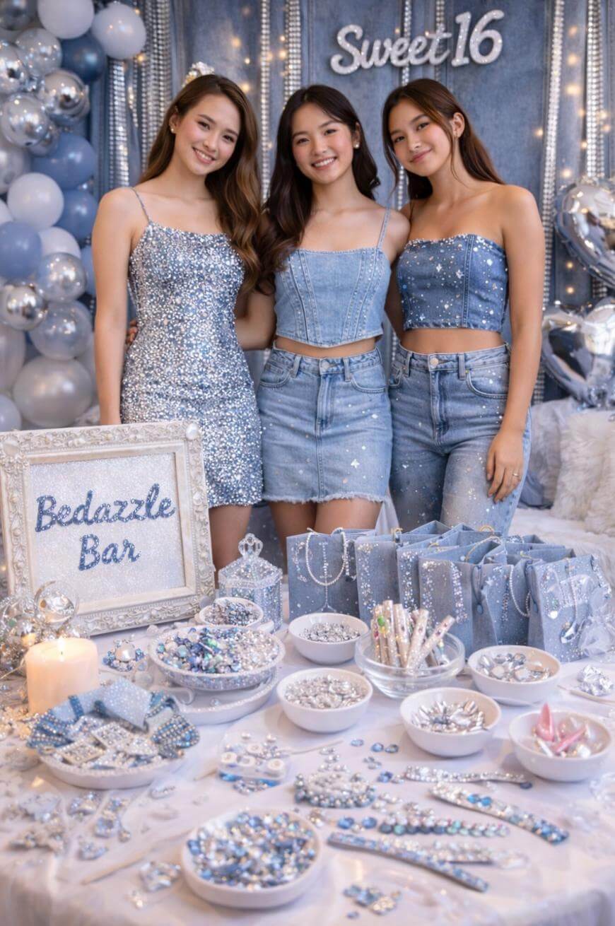 Three young women in sparkly blue outfits stand behind a table filled with shiny beads and decorations, with a “Bedazzle Bar” sign. The background has silver balloons and a “Sweet 16” sign.