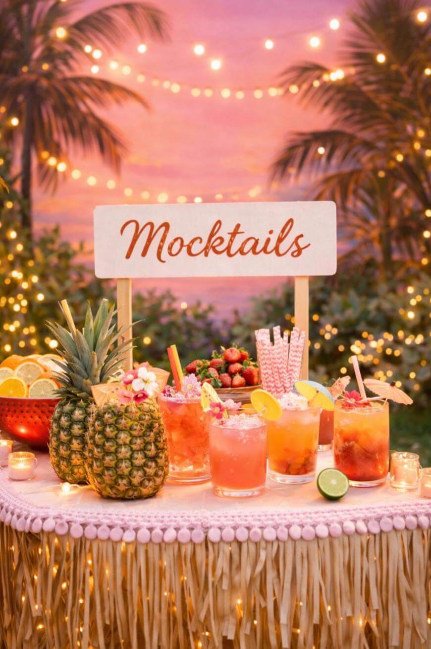 A tropical-themed mocktail bar with colorful drinks, pineapples, lemons, straws, and a Mocktails sign, set against a sunset backdrop with palm trees and string lights.
