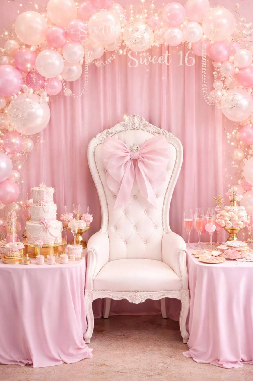A white ornate chair with a large pink bow sits between two tables with pink tablecloths, cakes, drinks, and treats. Pink and white balloons and lights create a festive arch above, with a Sweet 16 backdrop in pastel tones.