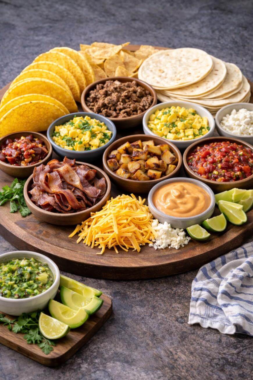 A round wooden board with taco shells, tortillas, bowls of toppings like ground beef, salsa, bacon, cheese, potatoes, corn, chopped veggies, queso dip, lime wedges, and fresh herbs, ready for assembling tacos.