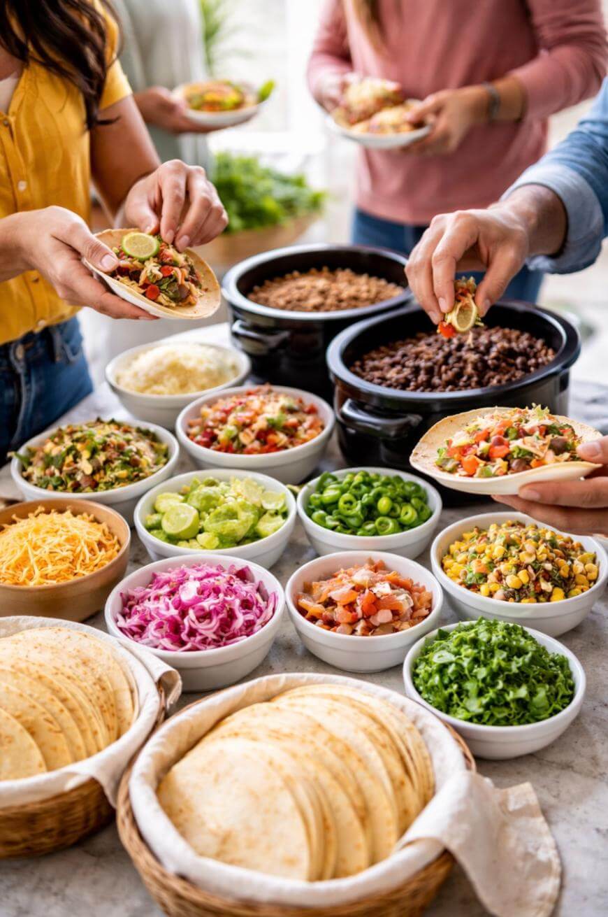 People serve themselves tacos from a buffet with tortillas, bowls of shredded cheese, beans, salsas, chopped vegetables, cilantro, lime, and other toppings, with hands reaching in to build their tacos.