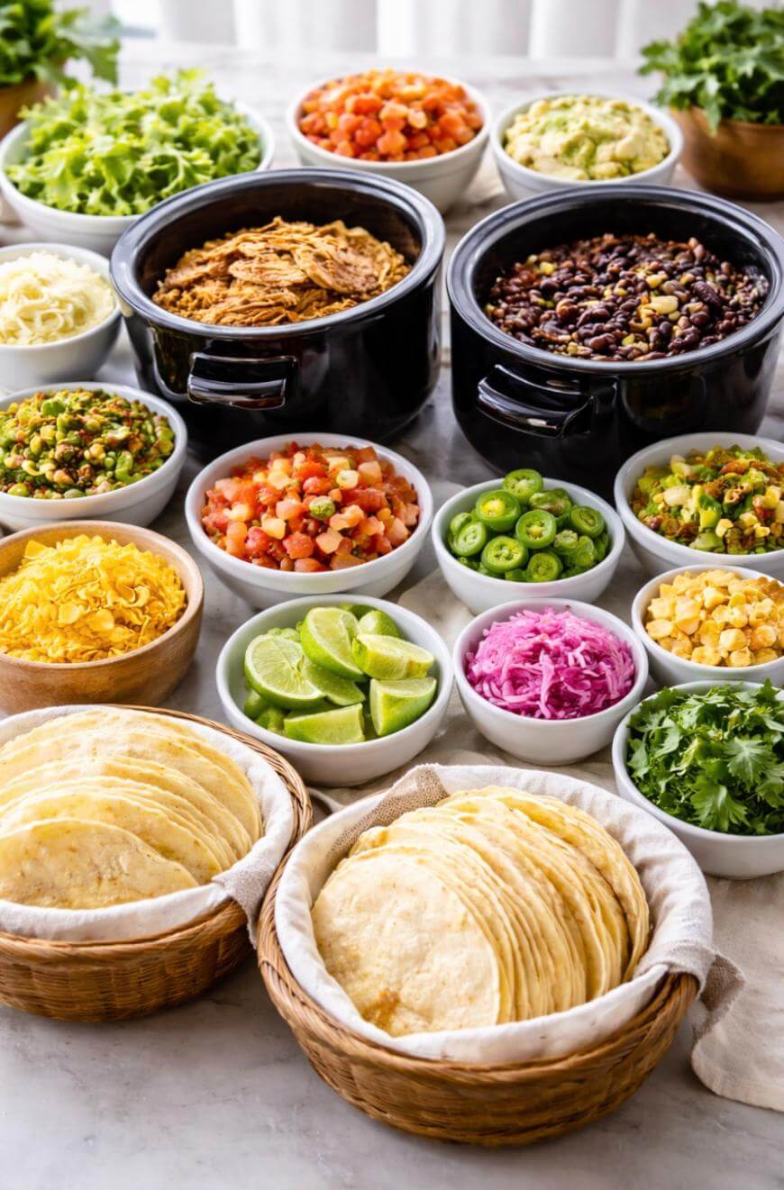 A taco bar setup with baskets of tortillas, bowls of shredded meat, black beans, lettuce, cheese, corn, salsa, jalapeños, limes, pickled onions, and fresh cilantro on a table.