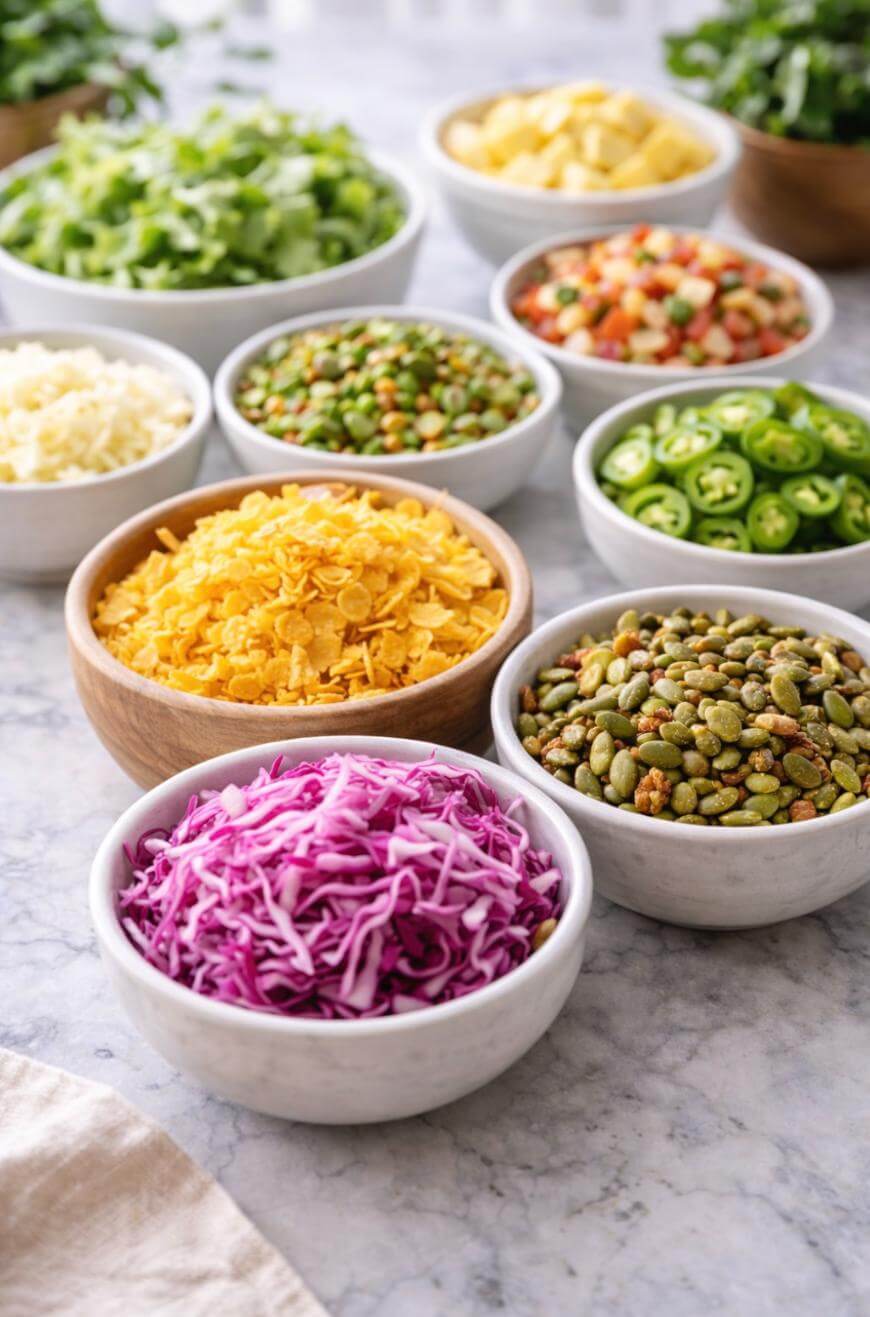 A variety of fresh salad ingredients in bowls, including shredded purple cabbage, pepitas, cornflakes, sliced jalapeños, peas, diced vegetables, chopped greens, cheese, and pineapple, arranged on a marble surface.