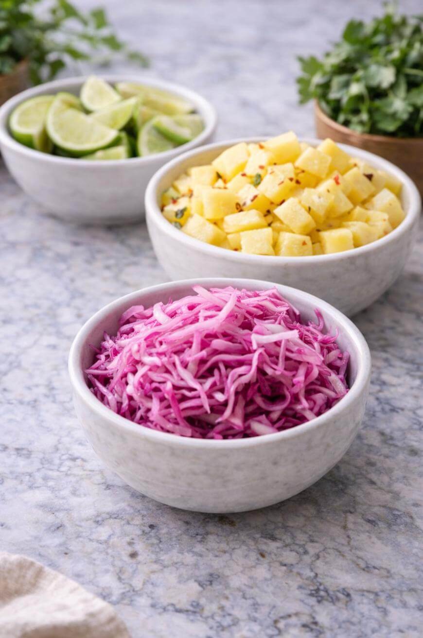 A marble surface with three white bowls containing shredded pickled red cabbage, cubed pineapple, and lime wedges. Fresh cilantro is blurred in the background.