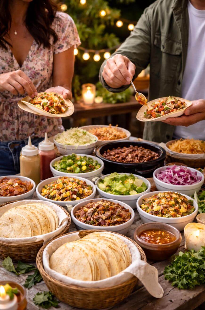 A festive outdoor table is covered with bowls of taco fillings like beans, corn, salsa, lettuce, and cheese. Two people are assembling tacos, surrounded by soft tortillas and string lights in the background.