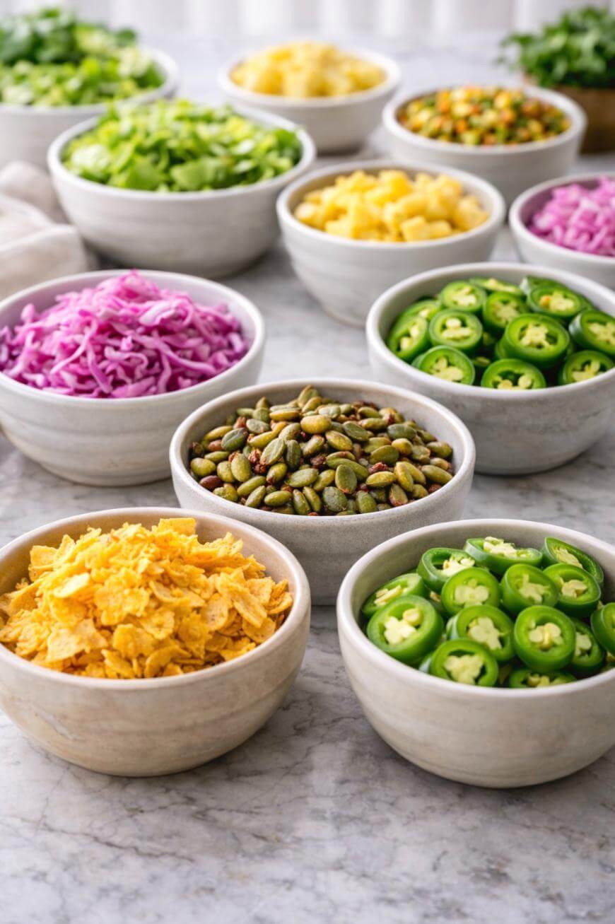 An assortment of small bowls filled with colorful toppings, including sliced jalapeños, shredded cabbage, pepitas, crushed chips, diced pineapple, and chopped vegetables, arranged on a marble countertop.