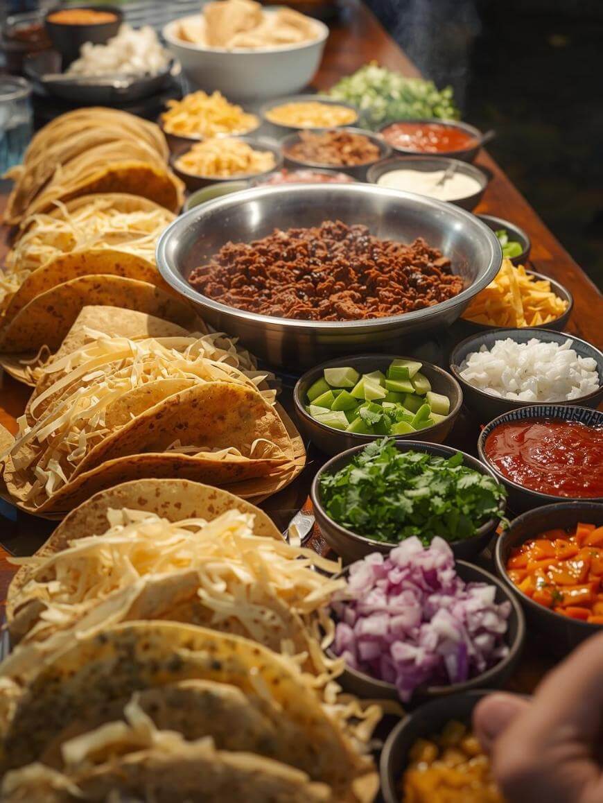 A table filled with hard shell tacos, a bowl of seasoned ground meat, and small bowls of toppings like shredded cheese, diced onions, tomatoes, lettuce, cilantro, corn, avocado, and various sauces.