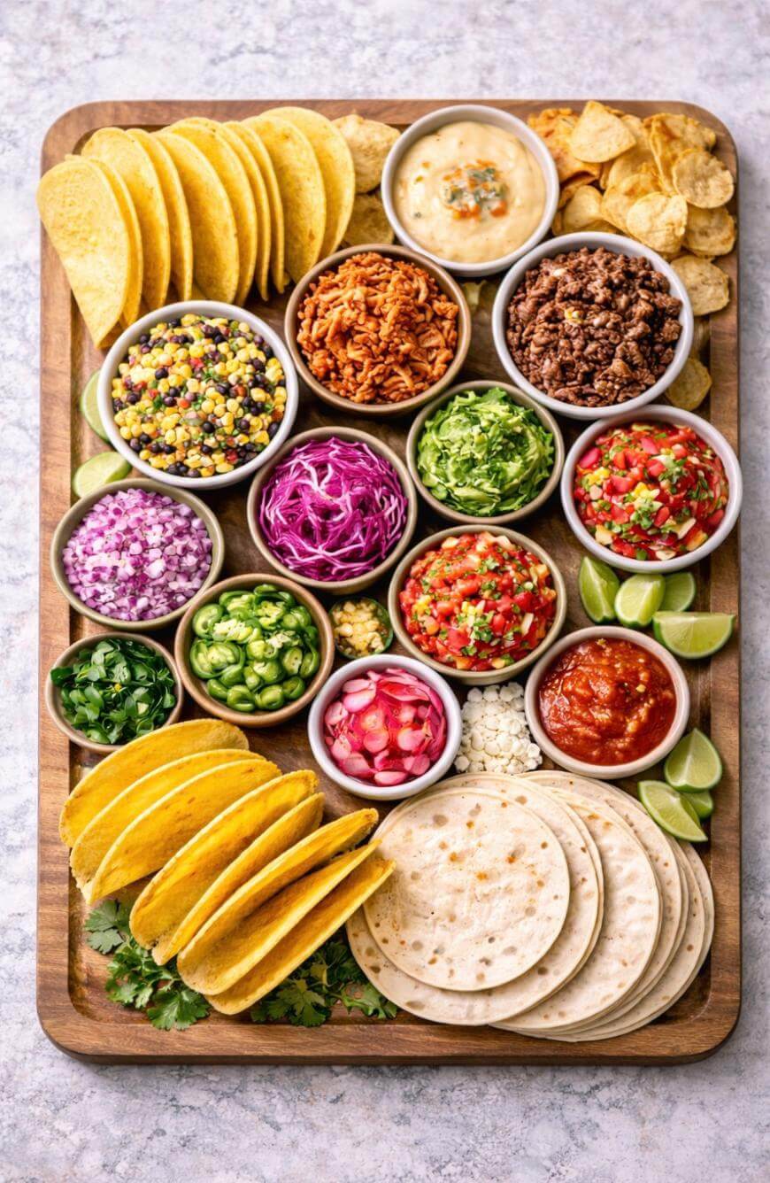 A wooden platter with taco shells, tortillas, seasoned meats, rice, corn salsa, guacamole, salsa, chopped vegetables, lime wedges, chips, and various taco toppings arranged in small bowls.