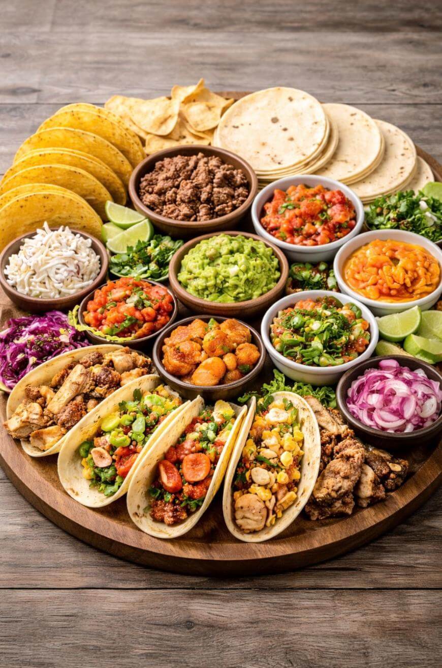 A large wooden platter holds taco shells, tortillas, seasoned meat, guacamole, salsa, chopped onions, rice, limes, and assorted toppings, with several assembled tacos in the front.