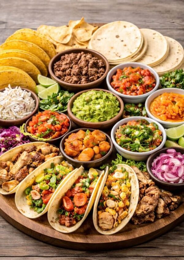 A large round wooden platter with taco shells, tortillas, bowls of ground beef, salsa, guacamole, rice, chopped vegetables, lime wedges, and assorted toppings, with assembled tacos in the front.