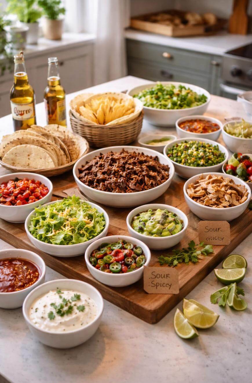 A kitchen counter displays a taco bar with bowls of shredded meat, guacamole, salsa, lettuce, corn, chopped veggies, tortilla chips, soft tortillas, and two bottles of beer, ready for serving.