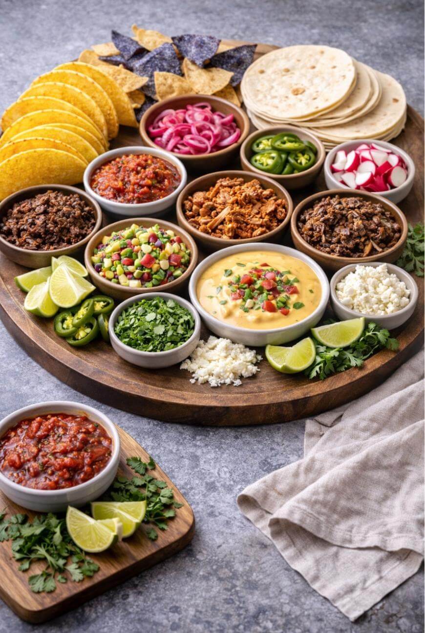 A large wooden platter with taco shells, tortillas, bowls of various taco fillings and toppings like meats, queso, salsa, pickled onions, radishes, chopped veggies, lime wedges, cheese, and fresh herbs.