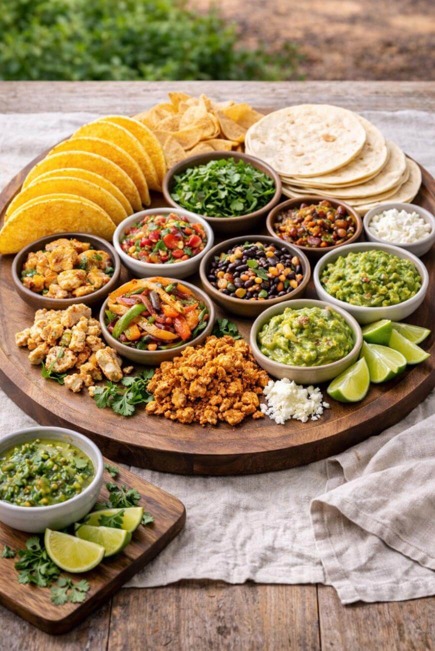 A round wooden platter with tortillas, taco shells, chips, lime wedges, guacamole, salsas, chopped cilantro, crumbled cheese, beans, and assorted taco fillings, arranged on a rustic table outdoors.