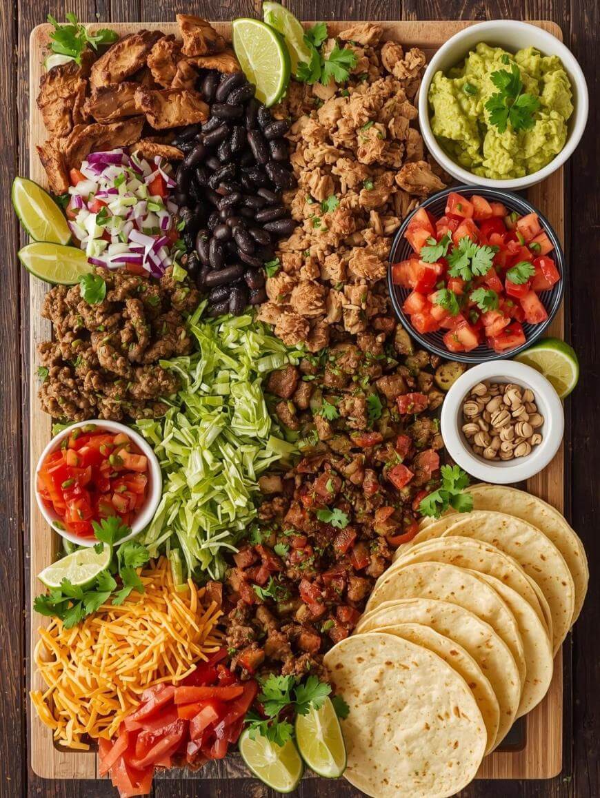 A wooden board filled with taco ingredients, including tortillas, shredded cheese, lettuce, chopped tomatoes, various seasoned meats, black beans, guacamole, salsa, lime wedges, chopped onions, and a small bowl of pepitas.