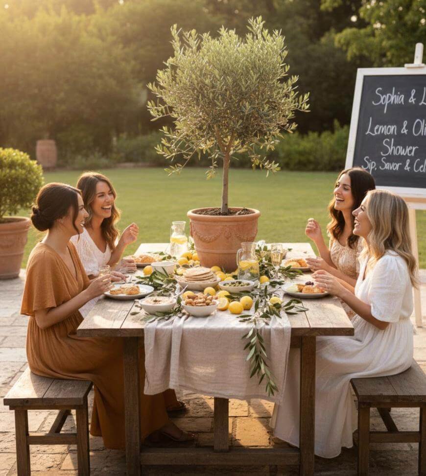Four women sit around a rustic outdoor table decorated with lemons, olive branches, and food, enjoying a sunny gathering. A chalkboard sign and potted olive tree are in the background.