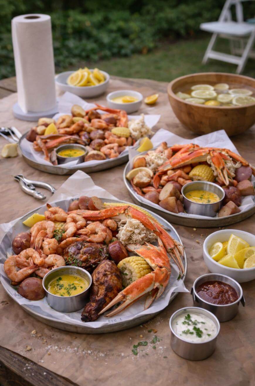 Three large platters of seafood boil with crab legs, shrimp, sausage, corn, potatoes, and dipping sauces on a wooden table outdoors. Nearby are bowls of lemon wedges, a roll of paper towels, and a bowl of lemon water.