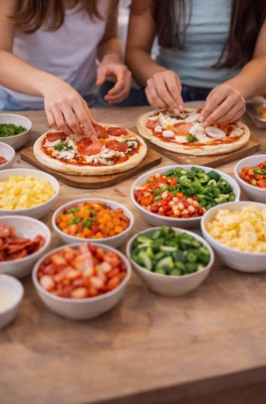 Two people are assembling pizzas on a table surrounded by bowls filled with various toppings, including sliced peppers, pineapple, tomatoes, pepperoni, and cheese. Their hands are placing ingredients on the pizza bases.