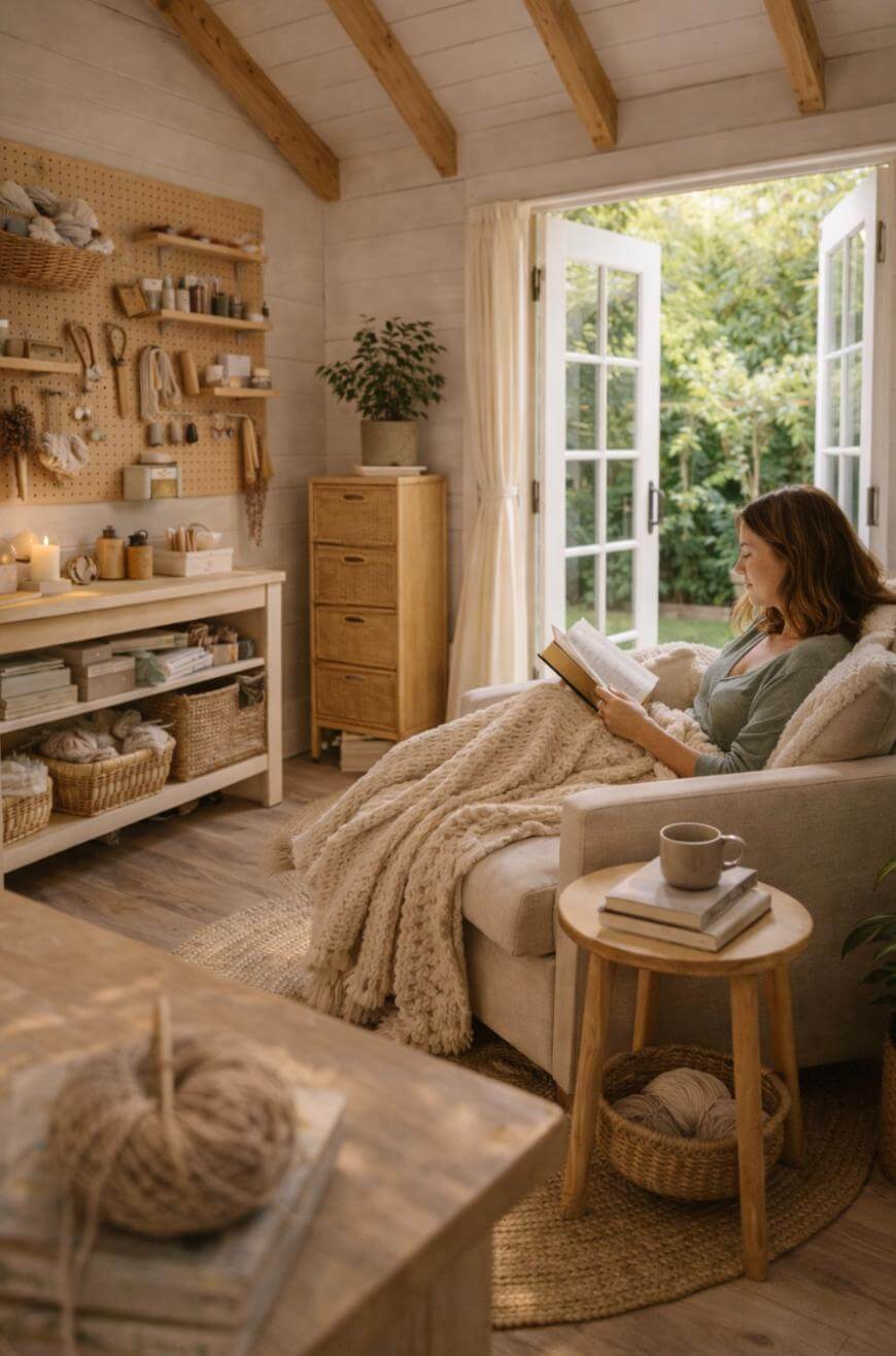 A woman sits in a cozy, sunlit room on an armchair with a blanket, reading a book. The room features shelves with baskets, craft supplies, a small table with a mug, and open double doors revealing greenery outside.