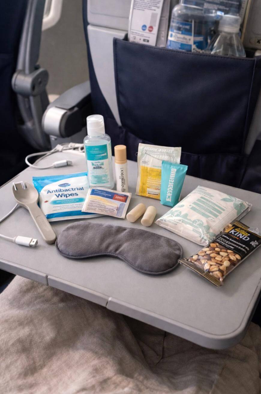 An airplane tray table holds travel essentials: hand sanitizer, lip balm, snacks, wipes, earplugs, an eye mask, a spork, a KIND bar, a packet of nuts, and a small face towel. Airplane seats are visible in the background.