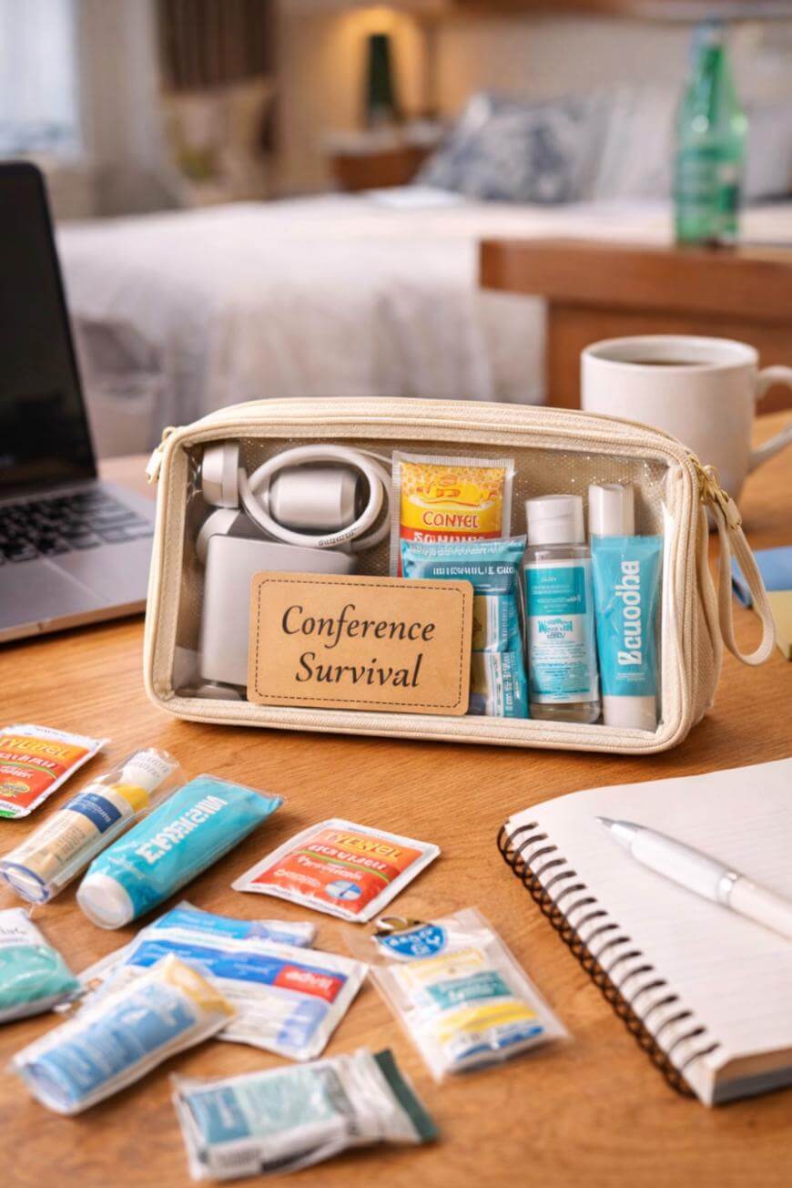 A beige pouch labeled Conference Survival filled with toiletries and health essentials sits on a desk with scattered hygiene products, a notebook, a laptop, and a blurred hotel room in the background.