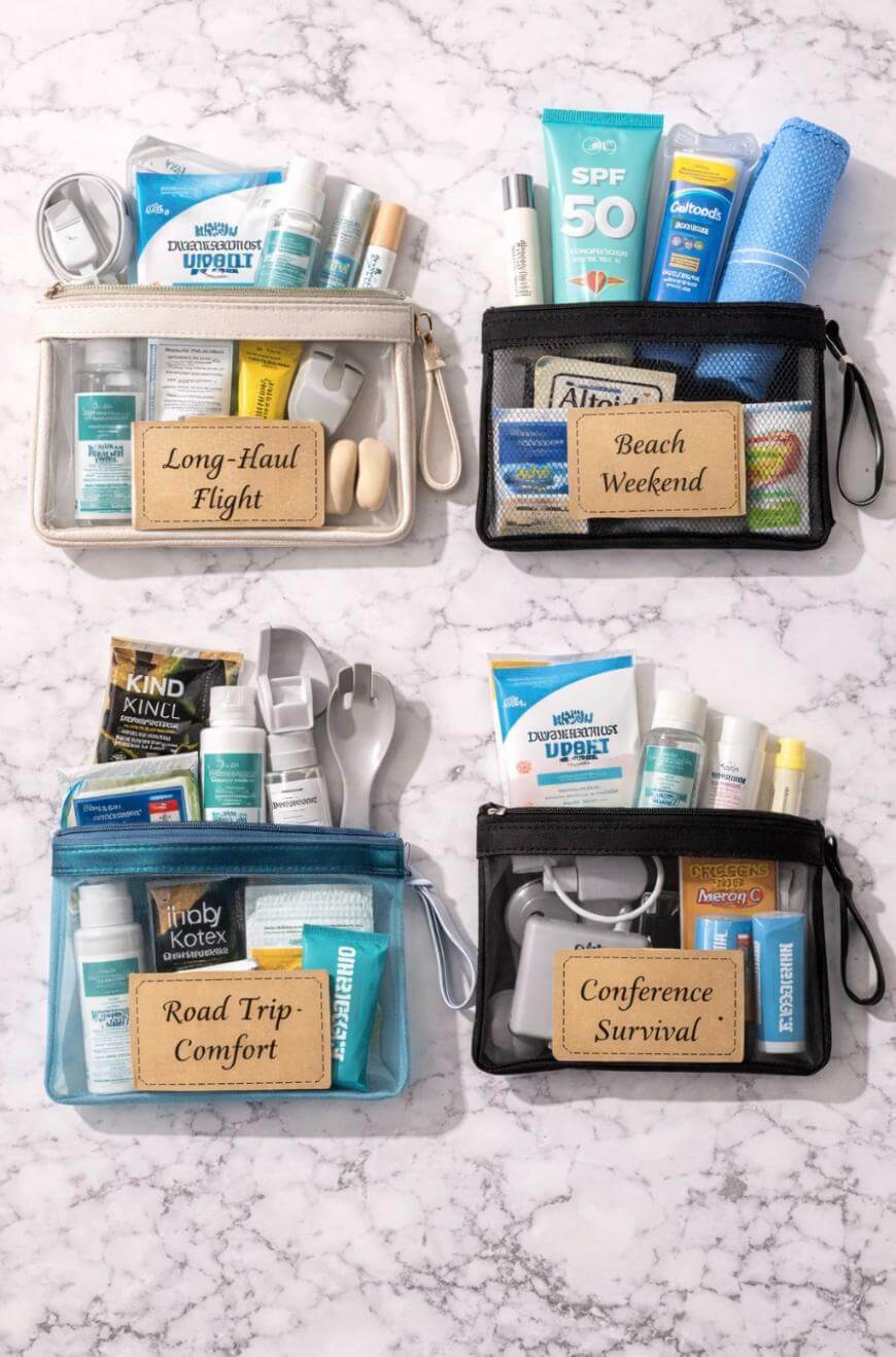 Four clear pouches labeled Long-Haul Flight, Beach Weekend, Road Trip Comfort, and Conference Survival, each filled with travel essentials like toiletries, sunscreen, wipes, and other personal care items, on a marble background.