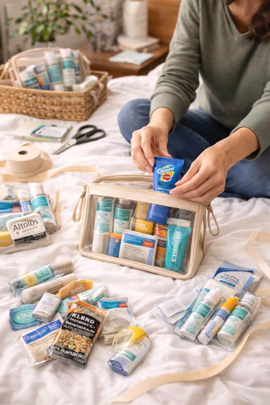 A person sits on a bed organizing travel-size toiletries and medicines into clear zip bags. Several bags and assorted travel items like lotion, sunscreen, and chapstick are spread out on the white bedspread.