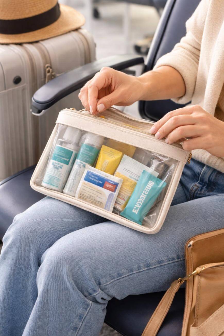 A person sitting in an airport holding a clear toiletry bag with travel-sized bottles and tubes inside, next to a tan suitcase and a brown handbag.