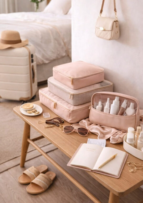 A wooden bench holds pink travel bags, skincare bottles, sunglasses, jewelry, an open notebook with a pen, and a cup of coffee. In the background, a bed, hat, suitcase, and sandals are visible, creating a cozy travel scene.