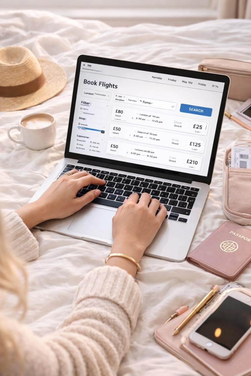 A person uses a laptop on a bed to search for flights online. Nearby are a cup of coffee, a straw hat, a phone, sunglasses, a wallet with cash, and a passport.