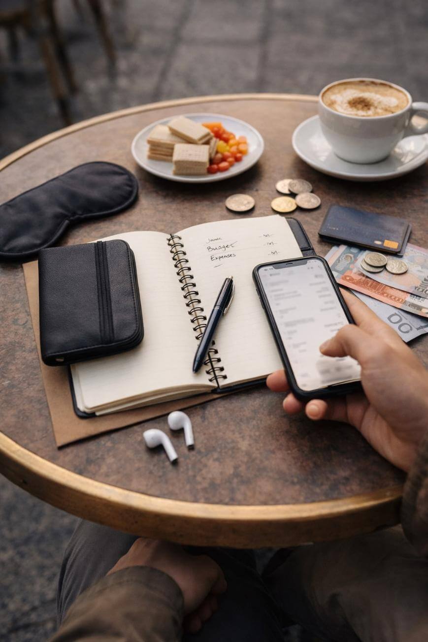A person sits at a round table with a notebook, pen, phone, wallet, coins, paper money, earphones, an eye mask, and a cup of coffee with biscuits in the background. The phone displays a list of items.