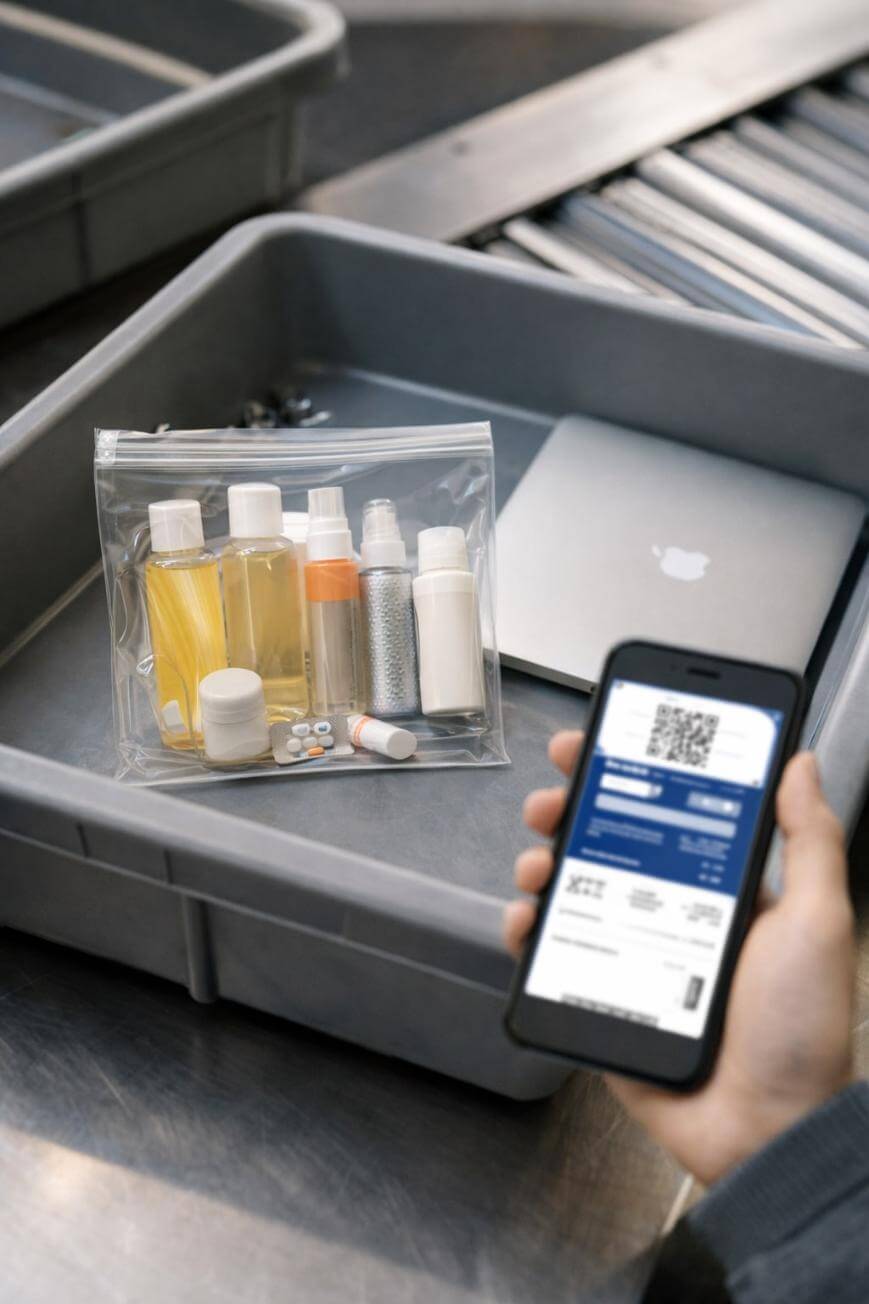 Clear plastic bag with travel-sized toiletries and pills in an airport security tray, alongside a laptop. A hand holds a phone displaying a digital boarding pass, ready for airport screening.