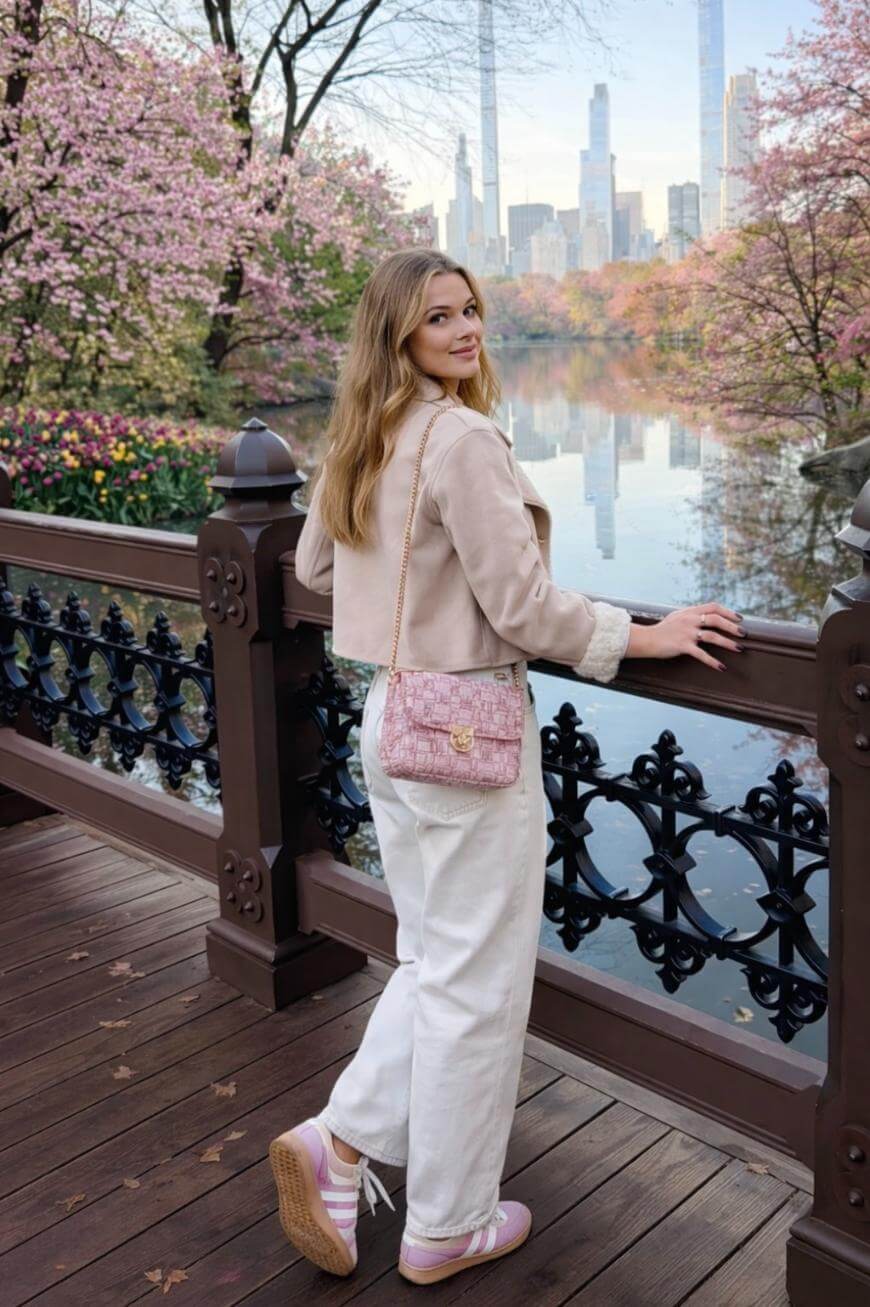 A young woman stands on a wooden bridge in a park with blooming cherry blossoms, wearing a light pink jacket, white pants, and pink sneakers, and holding a pink purse. City skyscrapers are visible in the background.