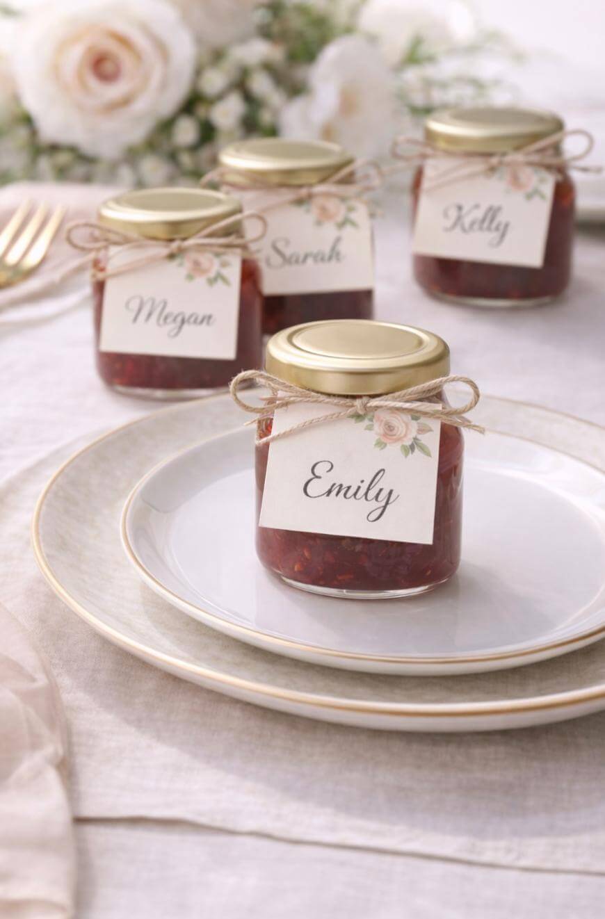 Four small jars of jam with gold lids and personalized name tags, placed on a set dining table with elegant plates and soft floral decorations in the background. The jar in front is labeled Emily.