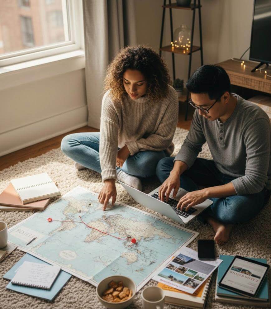 Two people sit on the floor surrounded by notebooks, a laptop, snacks, and coffee, looking at a world map with a marked route, appearing to plan a trip together in a cozy, sunlit living room.