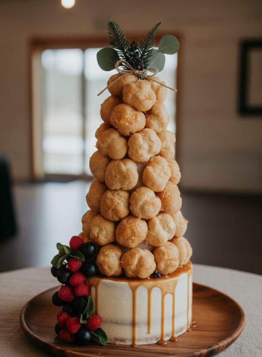 A tall croquembouche tower made of cream puffs sits atop a white frosted cake with caramel drizzle, garnished with fresh berries and greenery, displayed on a wooden platter.