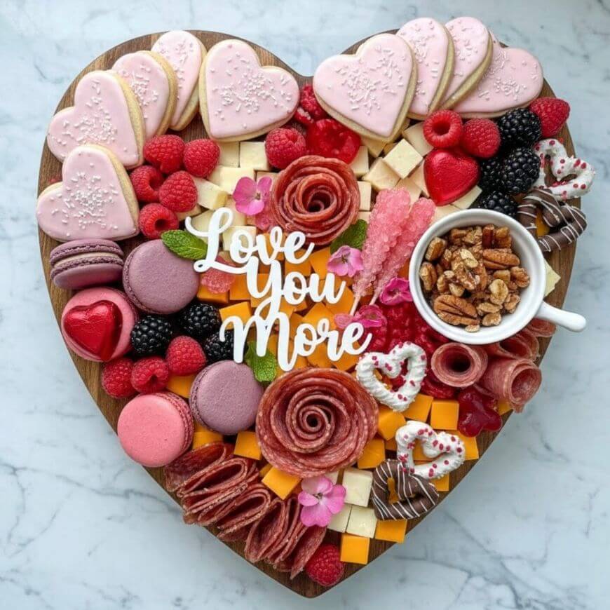 A heart-shaped board with pink heart cookies, colorful macarons, berries, meats, cheese cubes, chocolate, and a cup of nuts. Decorative text in the center reads Love You More.