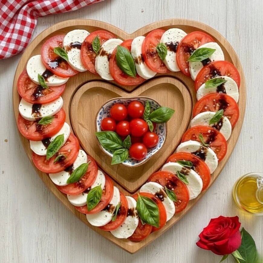 Heart-shaped wooden platter with alternating slices of tomato and mozzarella, fresh basil leaves, and balsamic drizzle. In the center, a small bowl holds cherry tomatoes and basil. A red rose and olive oil sit nearby.