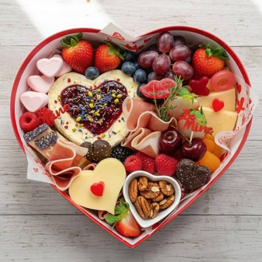 A heart-shaped box filled with assorted fruits, cheese, meats, nuts, candies, and a heart-shaped dessert topped with jam and flower petals, arranged on a light wooden surface.