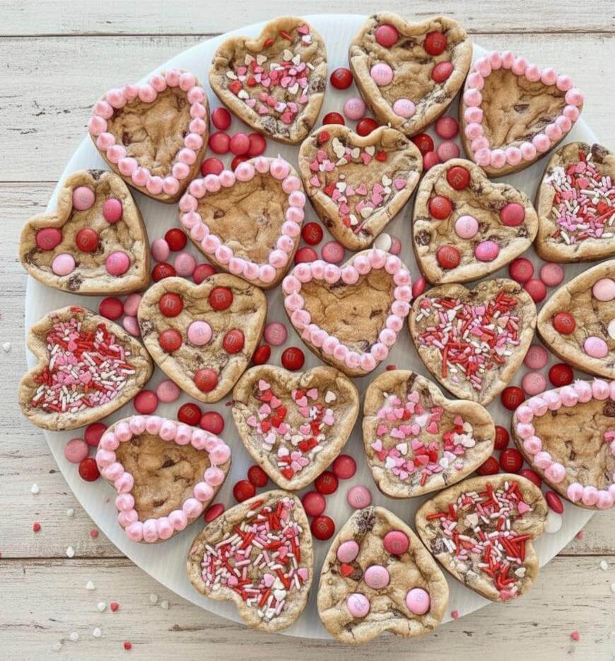 A white plate filled with heart-shaped cookies decorated with pink frosting, red and pink candies, and colorful sprinkles, arranged neatly on a light wooden surface.