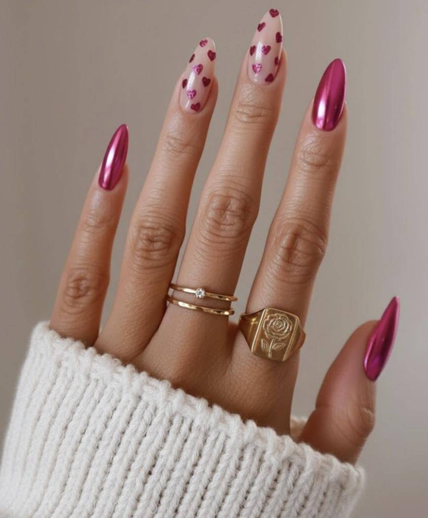 A hand with long, almond-shaped nails features a pink metallic polish and two accent nails with pink heart designs. The hand wears three gold rings and a white knitted sweater sleeve.