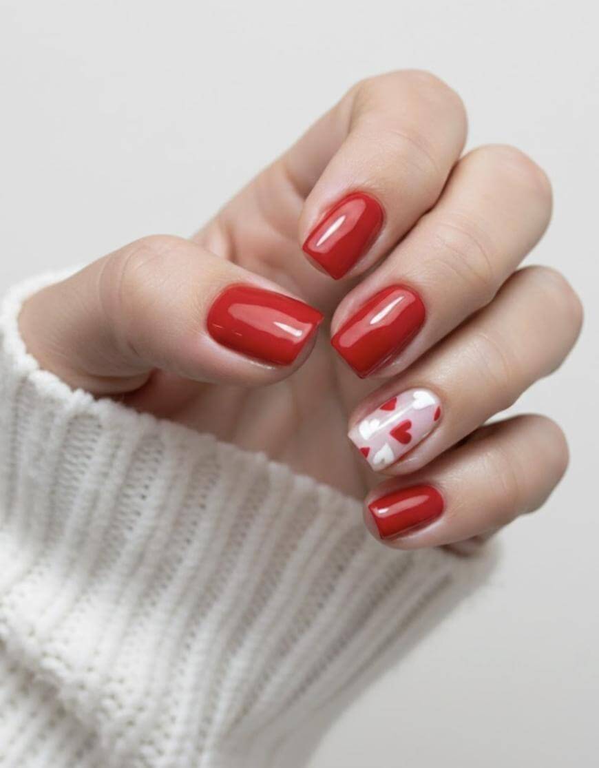 A hand with short, glossy red nails; the ring fingernail features a white base with red and pink heart designs. The person is wearing a white knitted sweater.