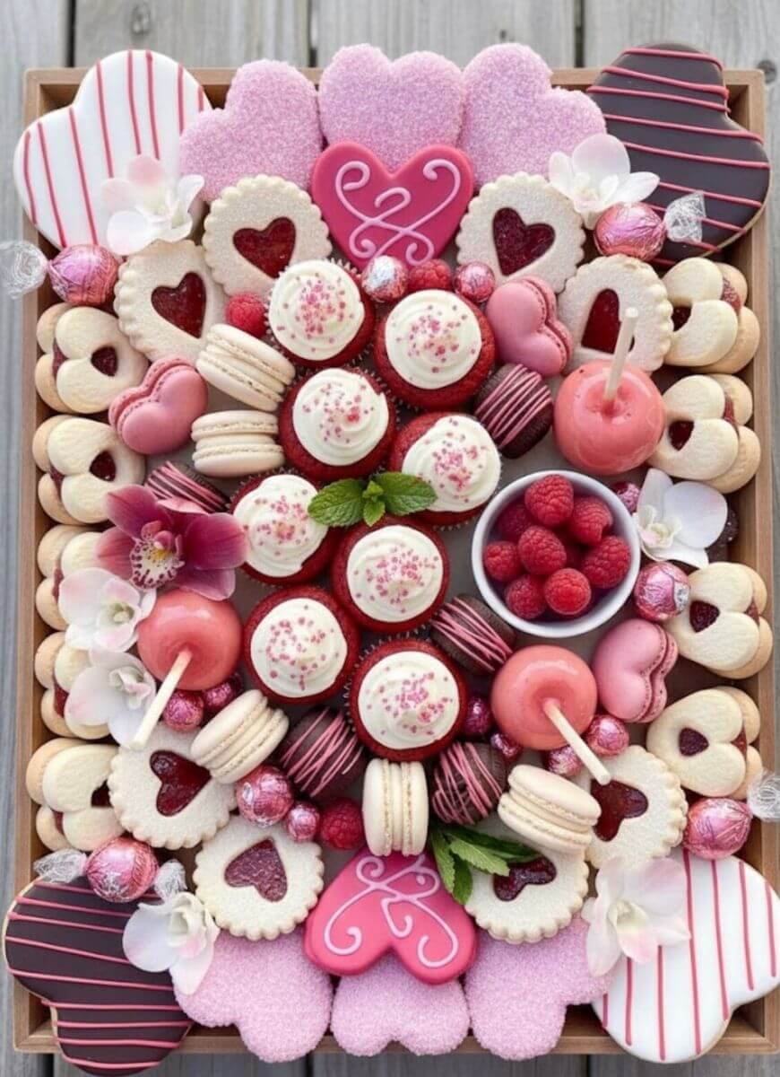 A platter beautifully arranged with heart-shaped cookies, macarons, cupcakes, cake pops, pink candies, and a bowl of raspberries, all in pink, red, and white tones, decorated with mint leaves and orchids.