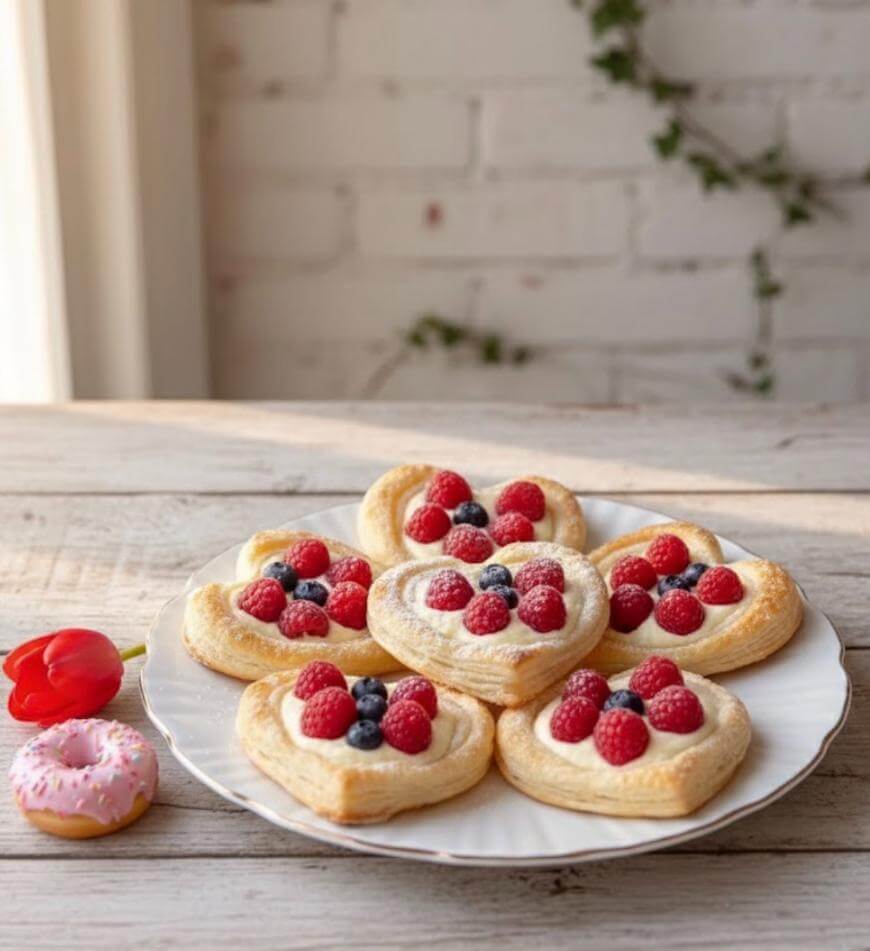 A white plate holds heart-shaped pastries topped with raspberries, blueberries, and powdered sugar on a wooden table. Beside it are a red tulip and a small pink donut, with a white brick wall in the background.