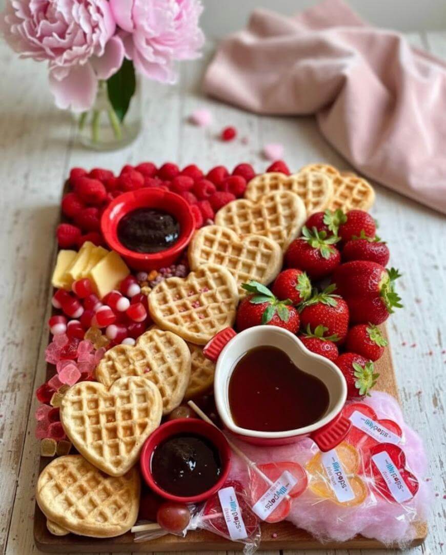 A wooden board topped with heart-shaped waffles, strawberries, raspberries, chocolates, candies, cheese cubes, fortune cookies, and two heart-shaped bowls filled with chocolate and jam, next to a pink flower and napkin.