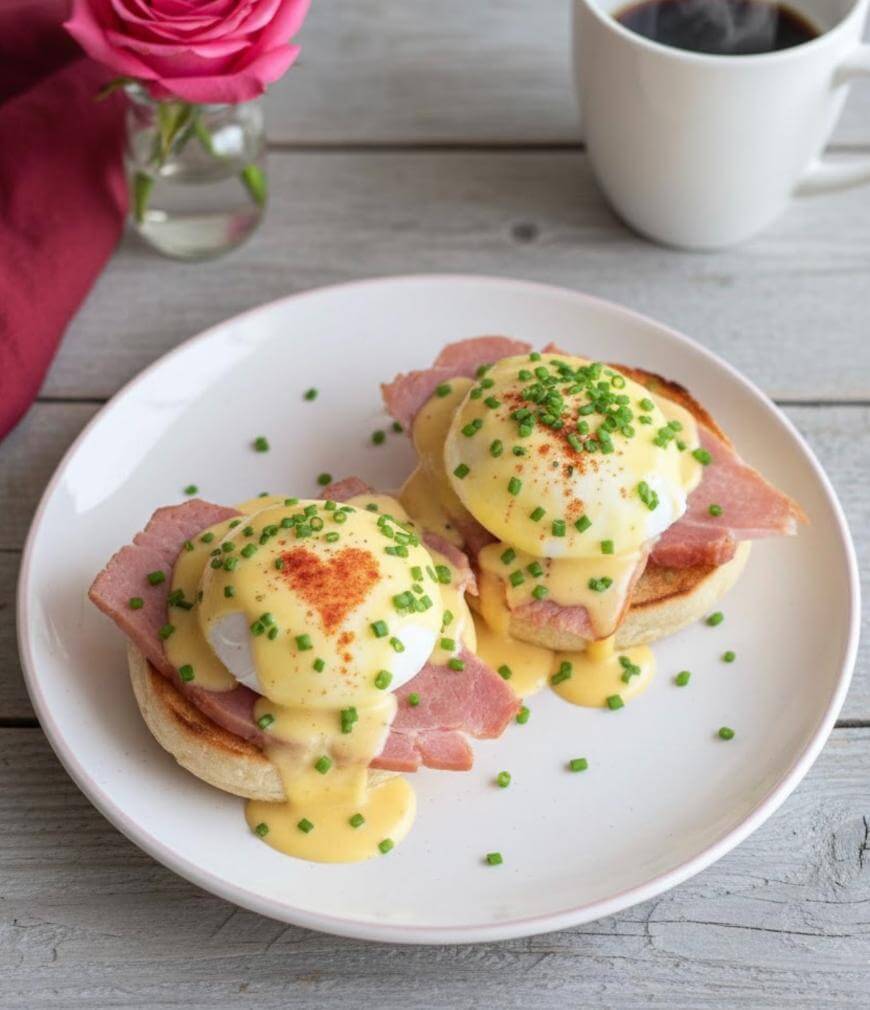A plate of eggs Benedict with poached eggs, ham, and hollandaise sauce on English muffins, garnished with chives. A cup of coffee, red napkin, and pink rose in a vase are in the background on a wooden table.