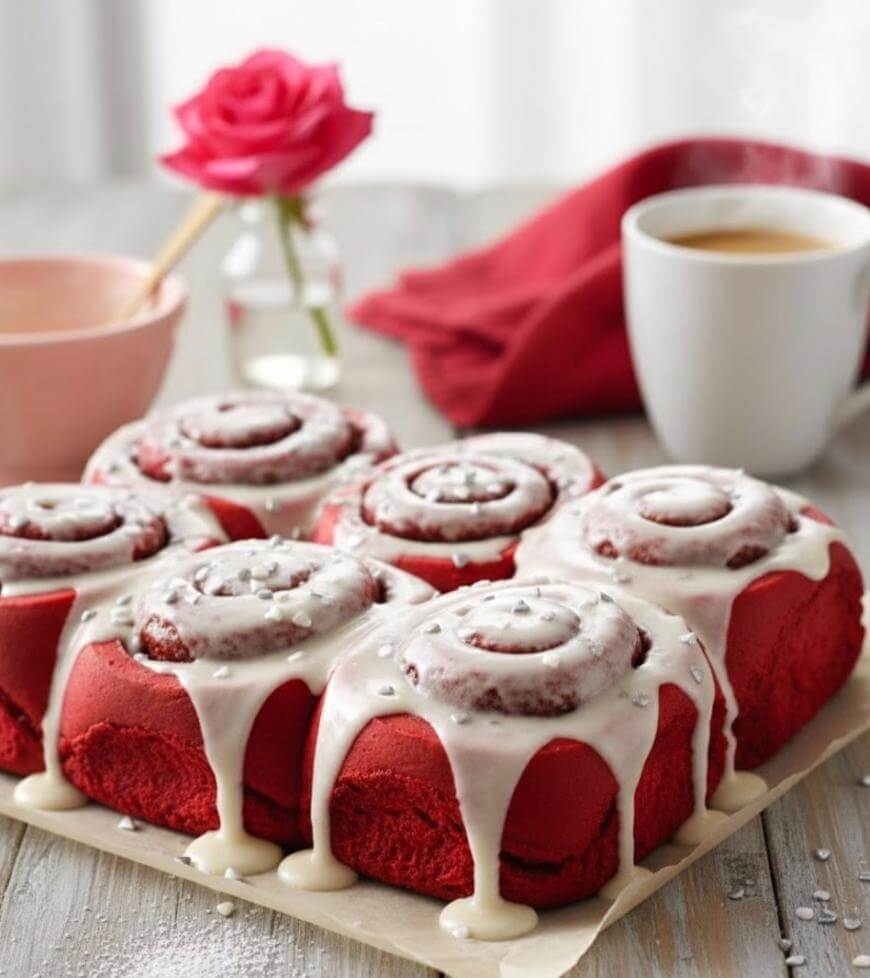 Six red velvet cinnamon rolls topped with white icing are arranged on a tray. A steaming cup of coffee, a pink rose in a vase, a red napkin, and a bowl are in the background on a light wooden table.