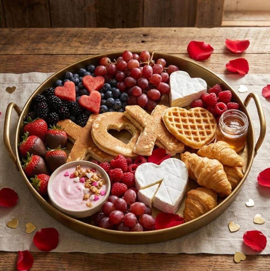 A round tray with waffles, croissants, strawberries, grapes, blueberries, blackberries, heart-shaped cheese, yogurt with granola, chocolate-dipped strawberries, and heart-shaped watermelon, garnished with rose petals.