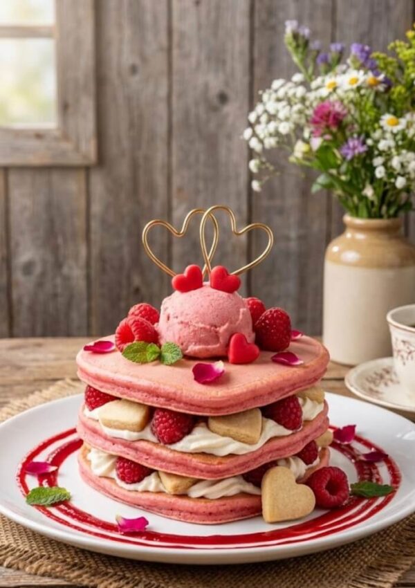 A stack of pink pancakes layered with cream, raspberries, and heart-shaped cookies, topped with pink ice cream, heart toppers, and mint leaves, on a rustic table with flowers and a cup of coffee.