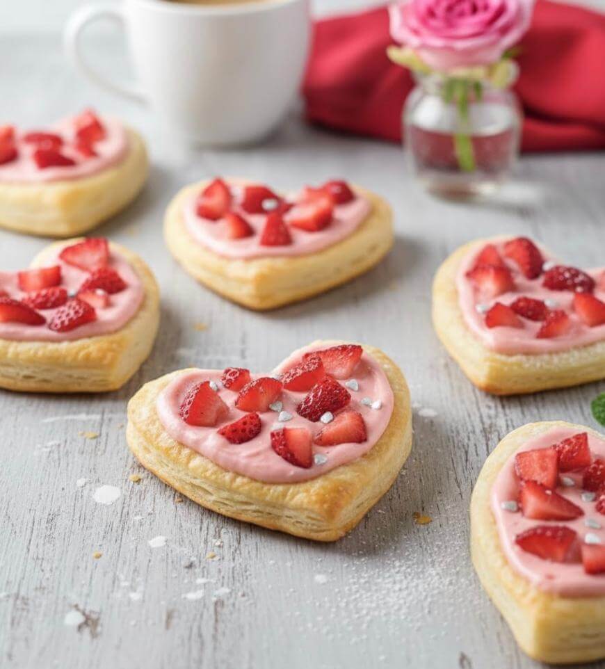 Heart-shaped pastries with pink frosting and chopped strawberries are arranged on a rustic wooden surface. A cup of coffee, a pink rose in a vase, and a red cloth are in the background.